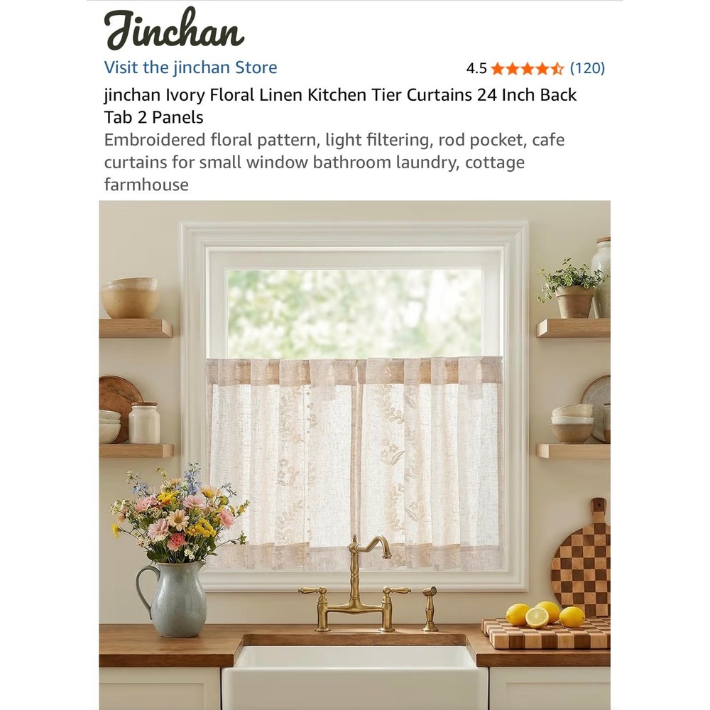 Jinchan Ivory Embroidered Linen Kitchen Tier Curtains 24" 2 Sets of 2 Farmhouse